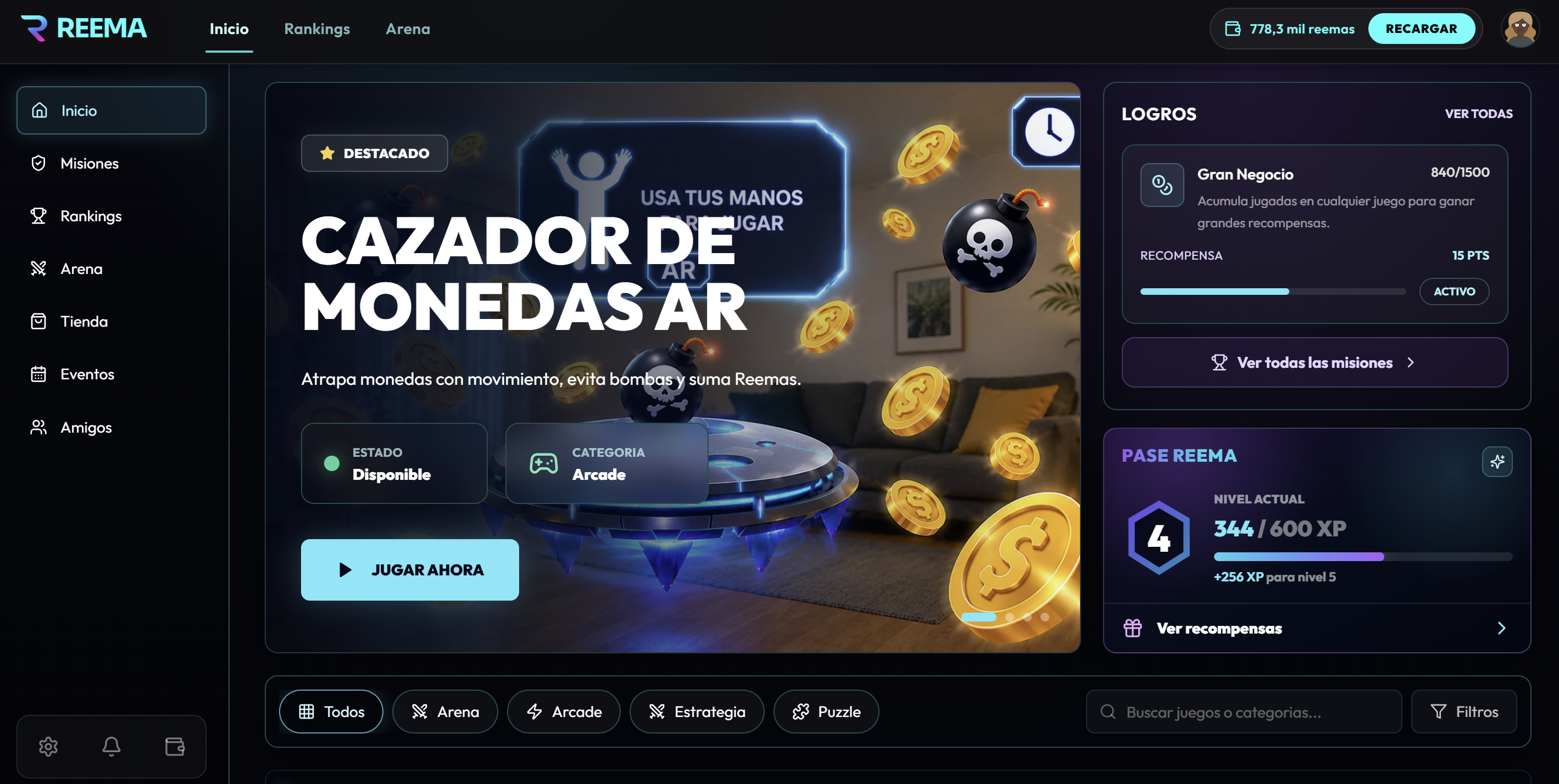 Plataforma Reema diseñada por ALSUT con navegación, catálogo, logros y sistema de recompensas