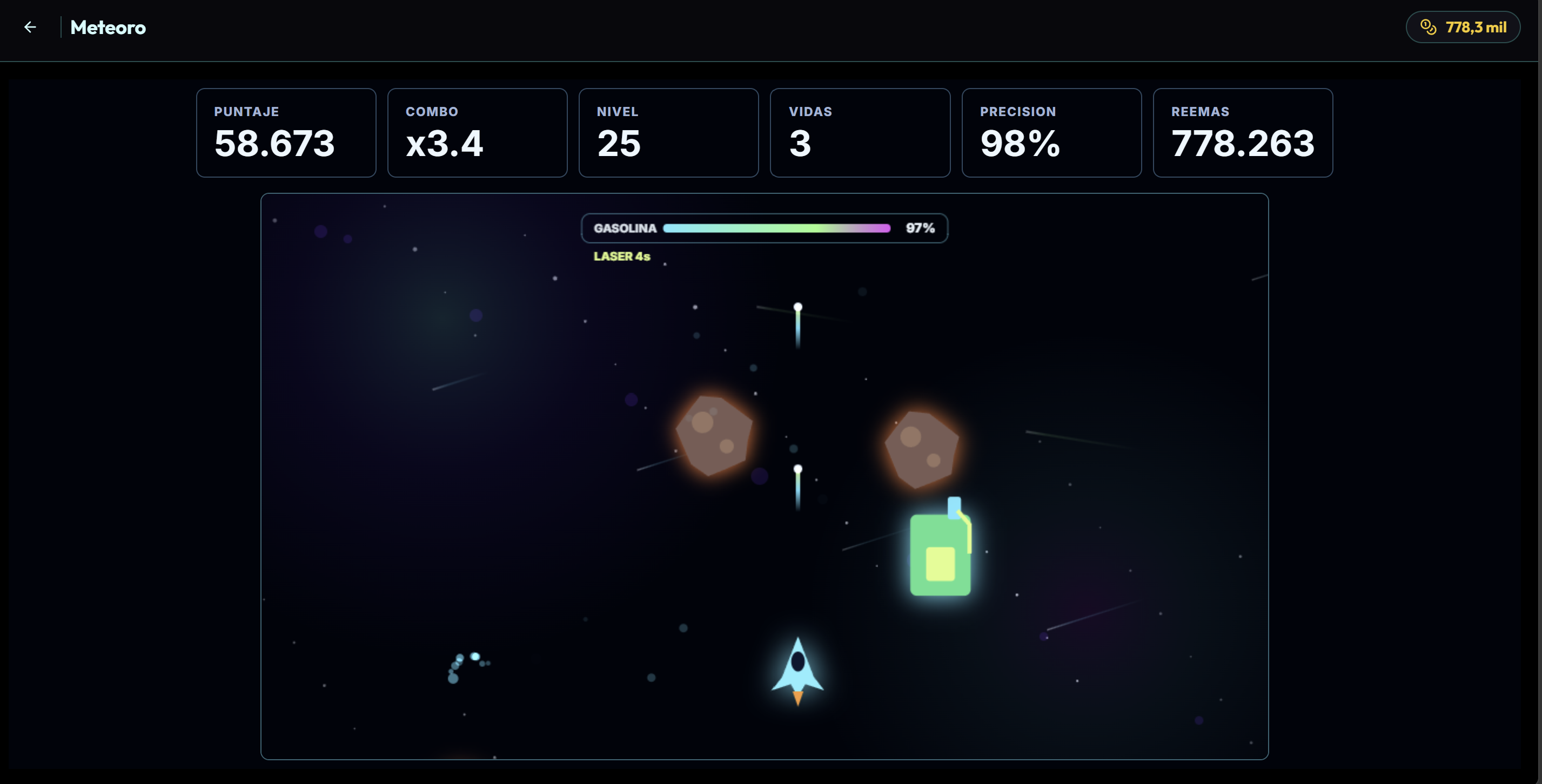 Juego Meteoro de Reema diseñado por ALSUT con indicadores de nivel, precisión y puntuación